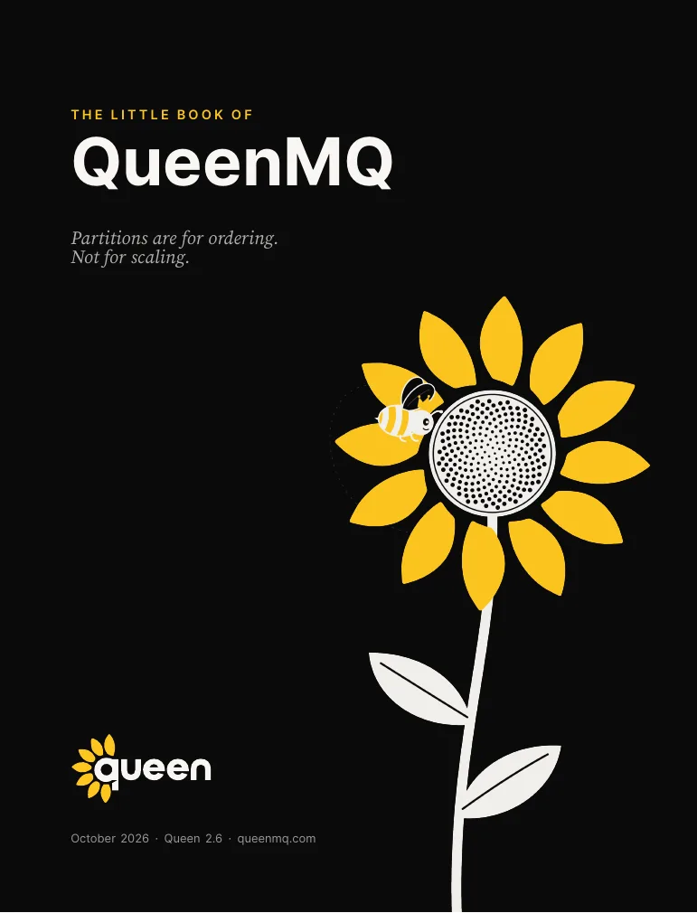The cover of The little book of QueenMQ: the title in white on black, the line Partitions are for ordering. Not for scaling., and a yellow sunflower with a bee.