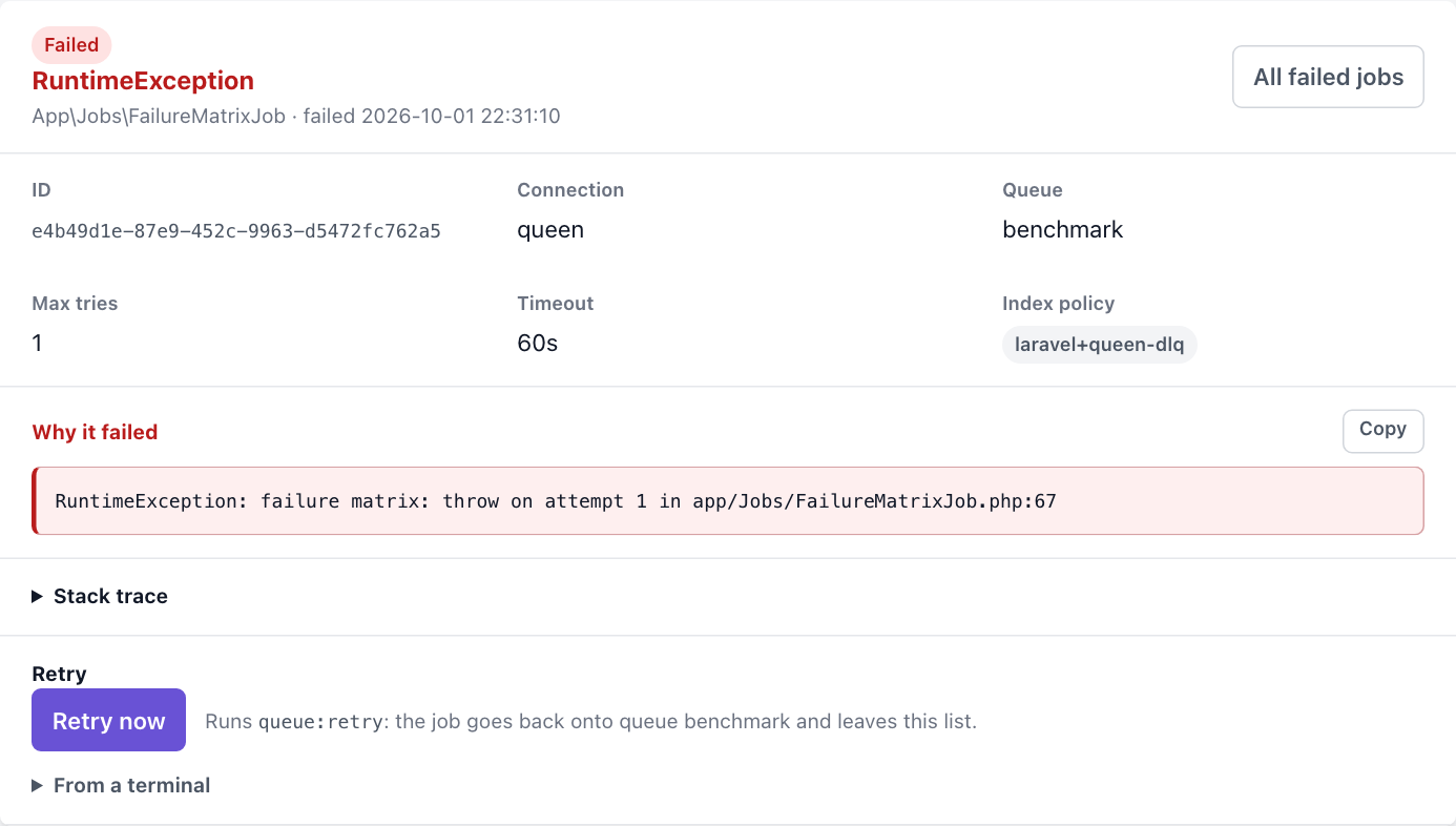 A failed-job page: a RuntimeException of App Jobs FailureMatrixJob on the queue benchmark, with its ID, connection, maximum tries 1 and timeout 60 s, the message under Why it failed, a collapsed stack trace, the Retry now button and the command for a terminal.