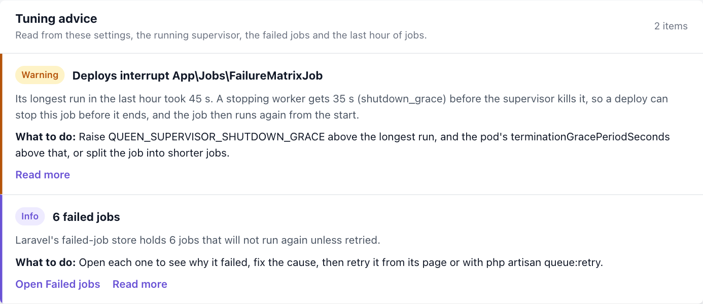 The Tuning advice card with two items: a warning that deploys interrupt App Jobs FailureMatrixJob, because its longest run in the last hour took 45 s while shutdown_grace is 35 s, with what to do; and an info item for 6 failed jobs, with links to the failed jobs and to these pages.